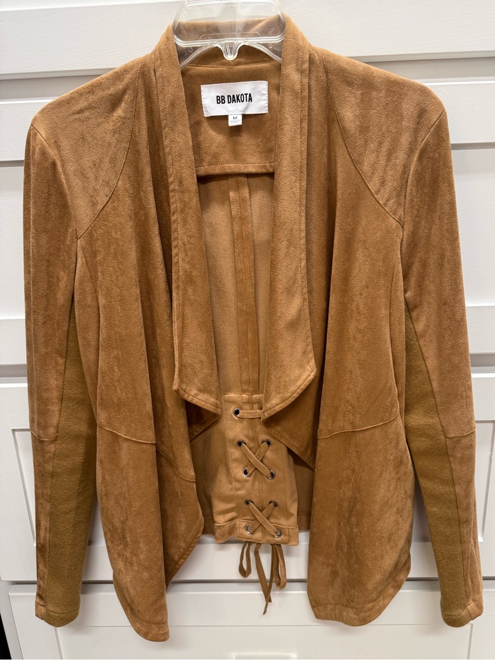 BB Dakota Camel Suede-Look Open Blazer with Lace-Up Front